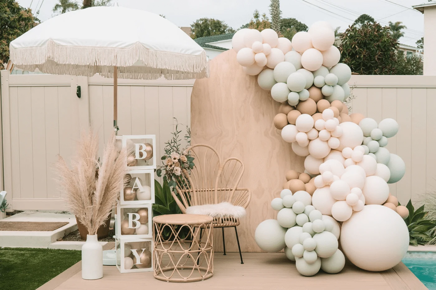 Pastel balloons and a decorated backdrop for a baby shower celebration