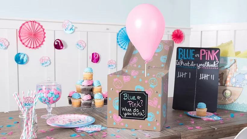 Pink and blue balloon decorations for a gender reveal party